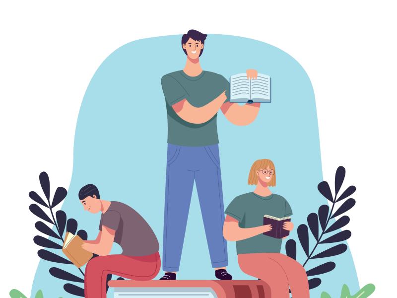 tre glade personer der sidder på kæmpebøger og læser