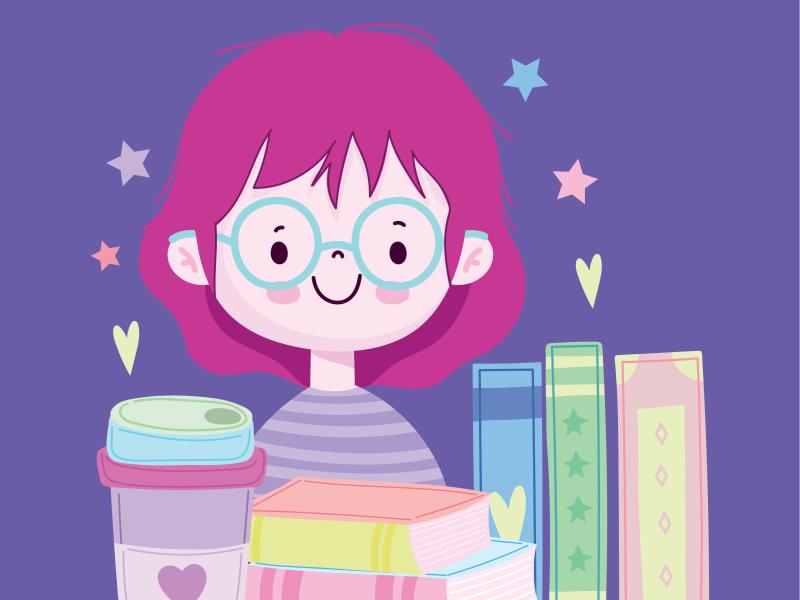 pige smiler med en kop te og en stak bøger